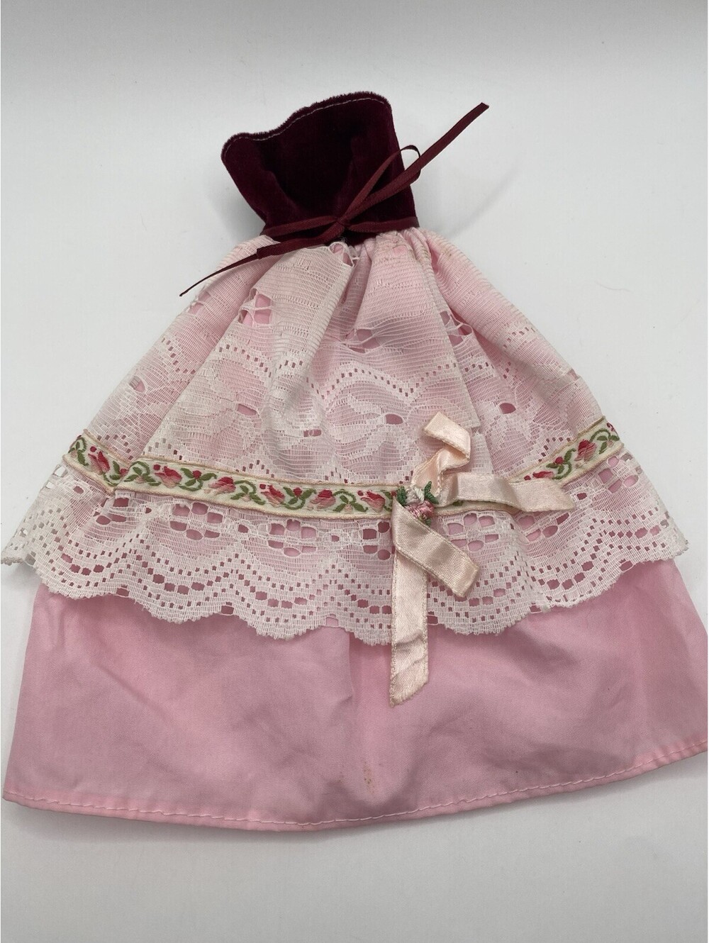Vintage  Barbie Doll Gown Burgundy Velvet & Pink Lace Handmade Outfit B1